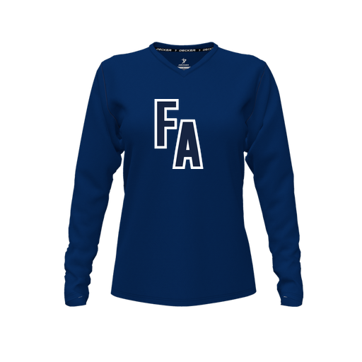 [CUS-DFW-TEES-CMF-VNK-LSL-NVY-FYXS-LOGO2] Decker Comfort T-Shirt (Female Youth XS, Navy, V Neck, Logo 2, Long Sleeve)