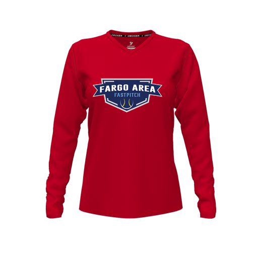 [CUS-DFW-TEES-CMF-VNK-LSL-RED-FYXS-LOGO1] Decker Comfort T-Shirt (Female Youth XS, Red, V Neck, Logo 1, Long Sleeve)